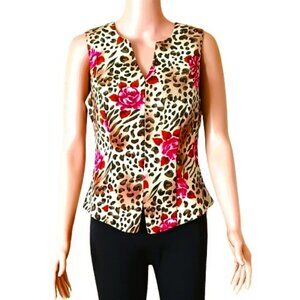 Cline Kolarek Cheetah Floral Tapered Blouse 6 Vintage V Neck Top Made in USA